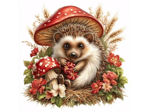 10 JPG Cute Hedgehog Mushroom Set: Woodland Charm for Your Projects