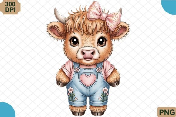 Baby Highland Cow with Pink Bow PNG: A Farmhouse Design Essential