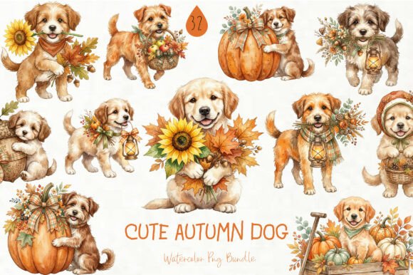 Cute Autumn Dog Clipart: 32 Designs for Your Projects