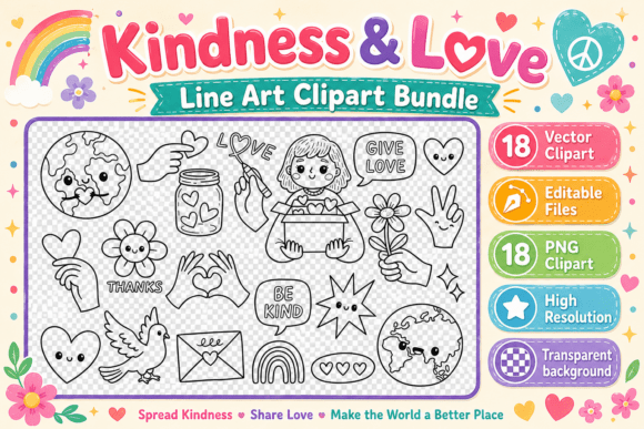 Kindness & Love Line Art Clipart Bundle: Creative Assets