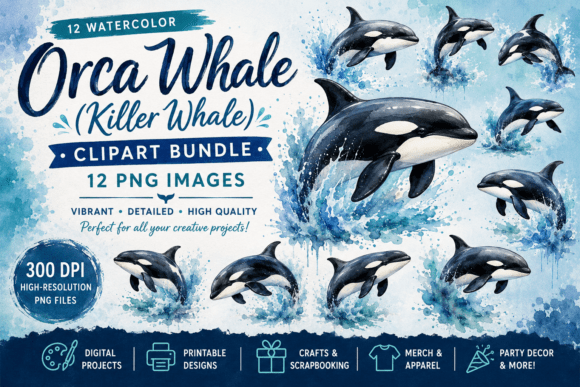 Timeless Charm: The Vintage Orca Watercolor Clipart Bundle