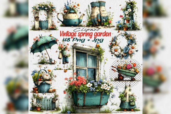 Timeless Charm: Whimsical Vintage Spring Garden Clipart