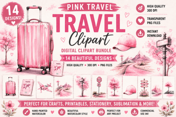 Travel Girls Hand Drawn Clipart Pink: Infuse Whimsy and Wanderlust into Your Designs