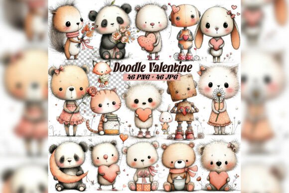 Whimsical Doodle Valentine Animals Clipart: A Sweet Touch for Your Designs
