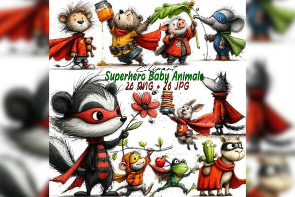 Whimsical Superhero Baby Animals Clipart: A Playful Design Asset